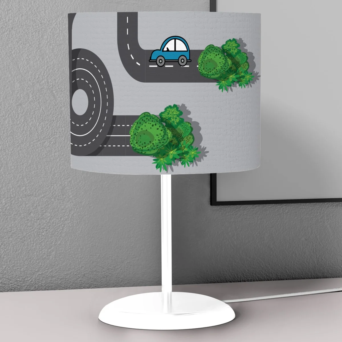 Yollar ve Arabalar Abajur | Gri arabalar, ağaçlar Desenli