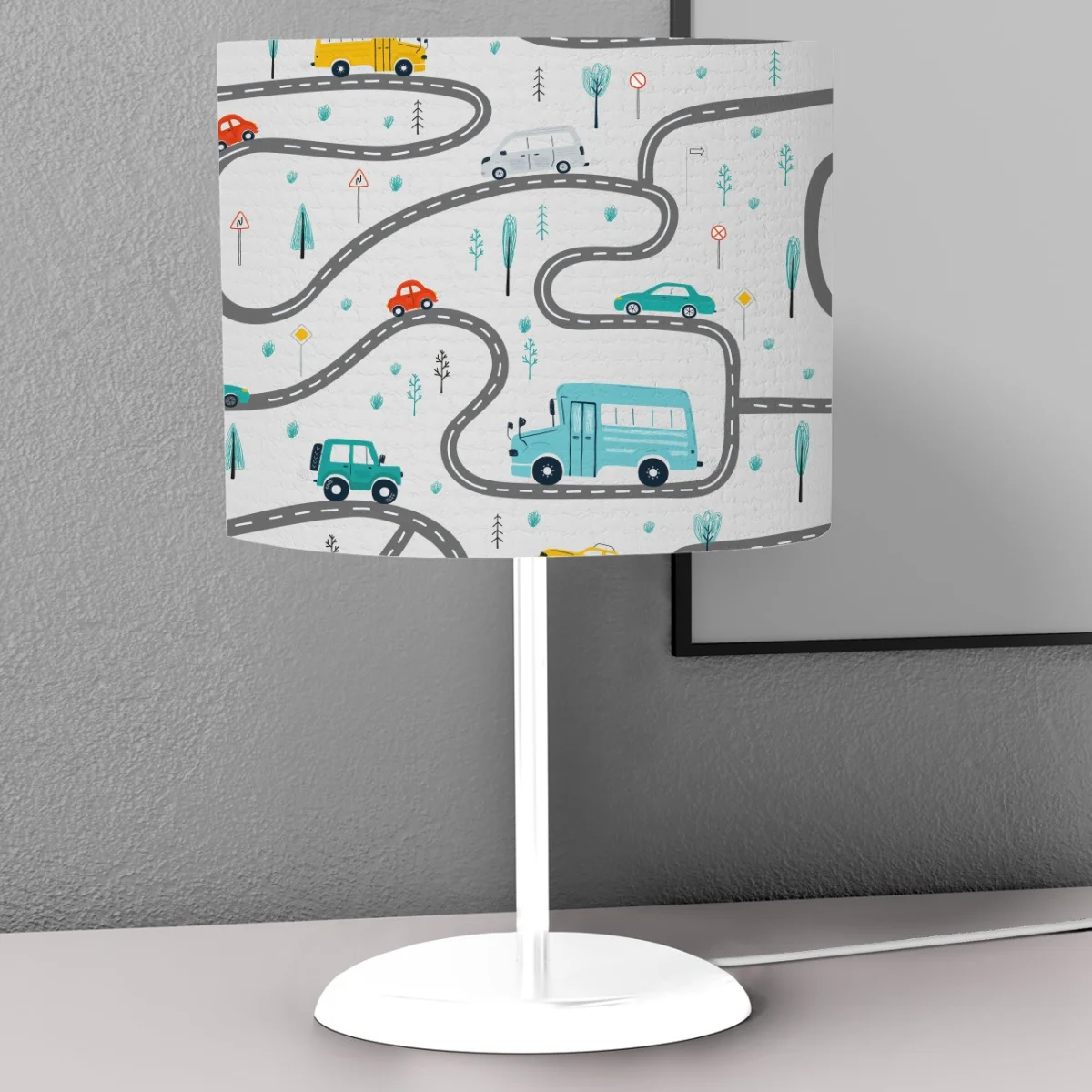 Araçlar Abajur | Beyaz yollar, arabalar Desenli