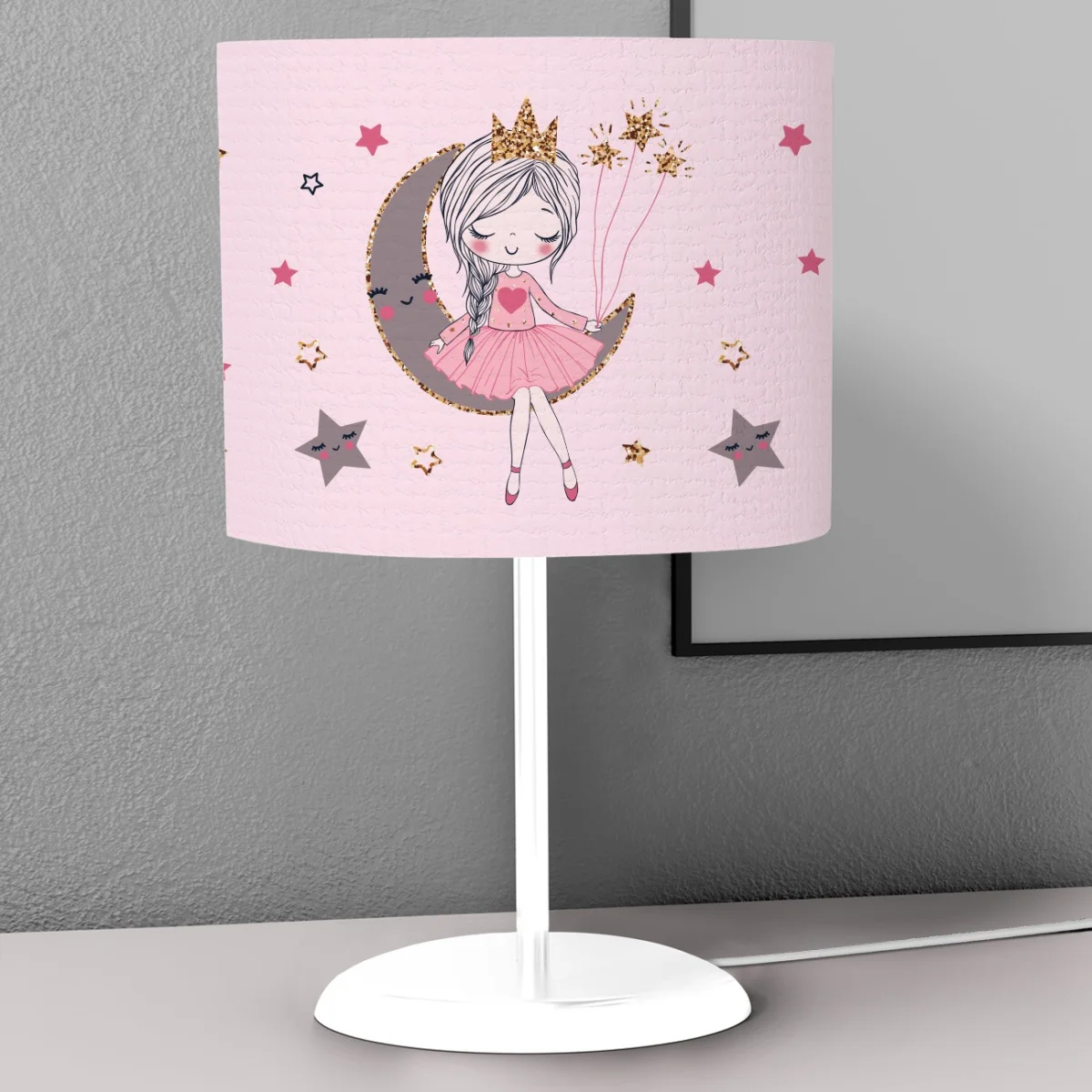 Peri kız ve ay Abajur | Pembe yıldızlar, pırıltılar Desenli