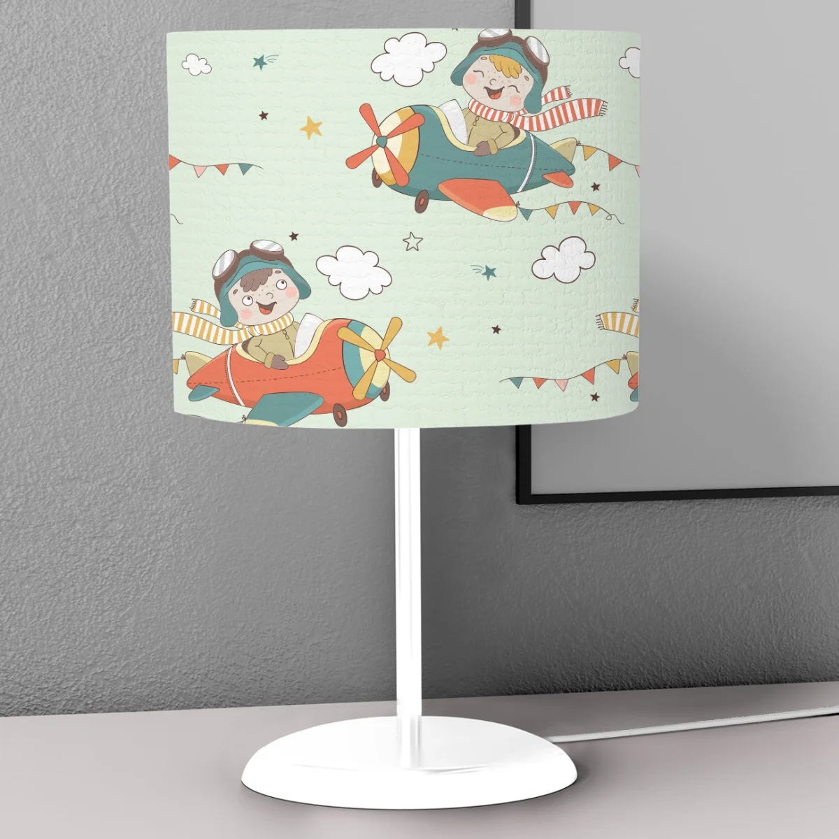 Küçük Pilot, Uçak Abajur | Açık Yeşil yıldız, bulut Desenli