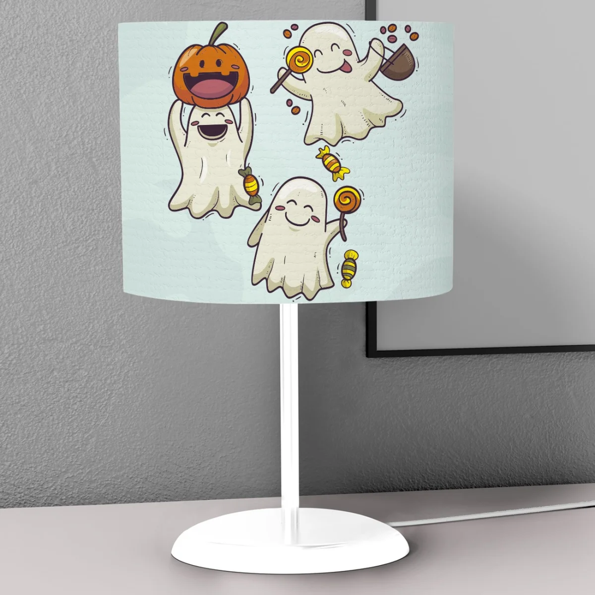 Kedi ve Hayaletler Abajur | Açık Mavi Kedi, hayaletler Desenli