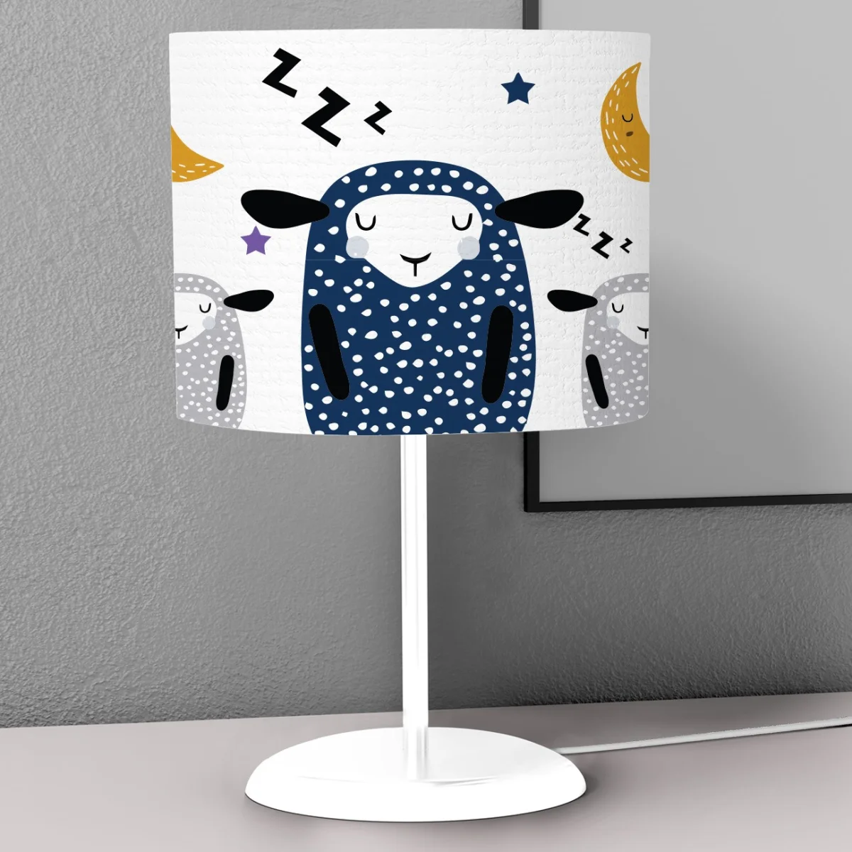 Koyunlar ve Uyku Teması Abajur | Beyaz Uyuyan koyunlar, ay ve yıldızlar Desenli
