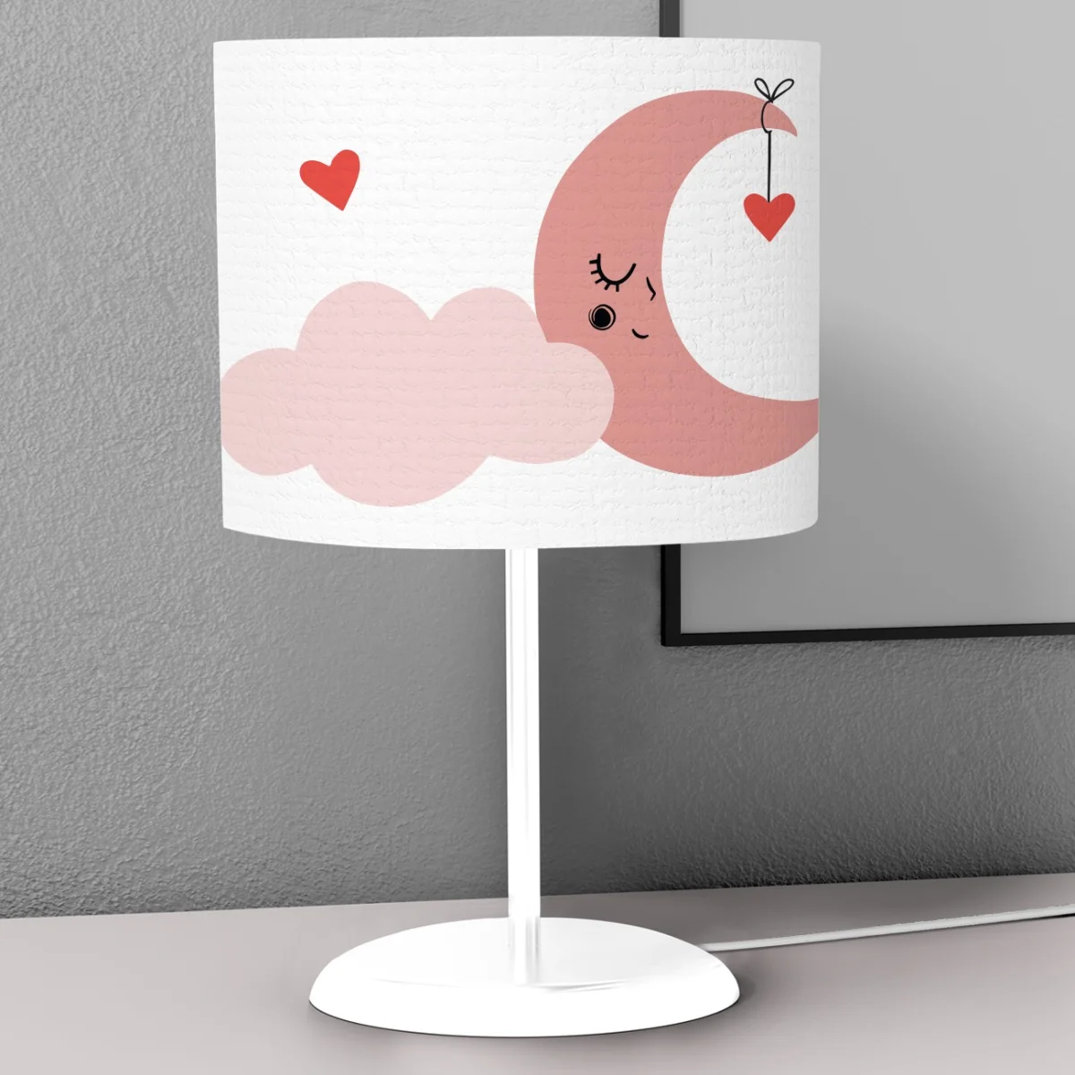 Ay ve Bulut Abajur | Beyaz pembe ay, bulut Desenli
