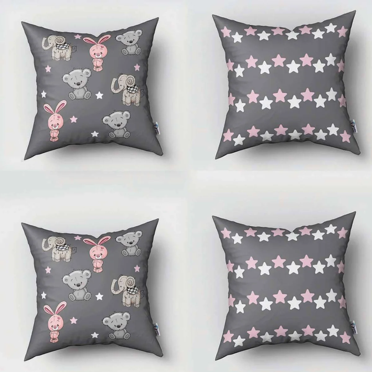 Hayvanlar 4lü Kırlent | Gri yıldızlar, seksek oyunu Desenli