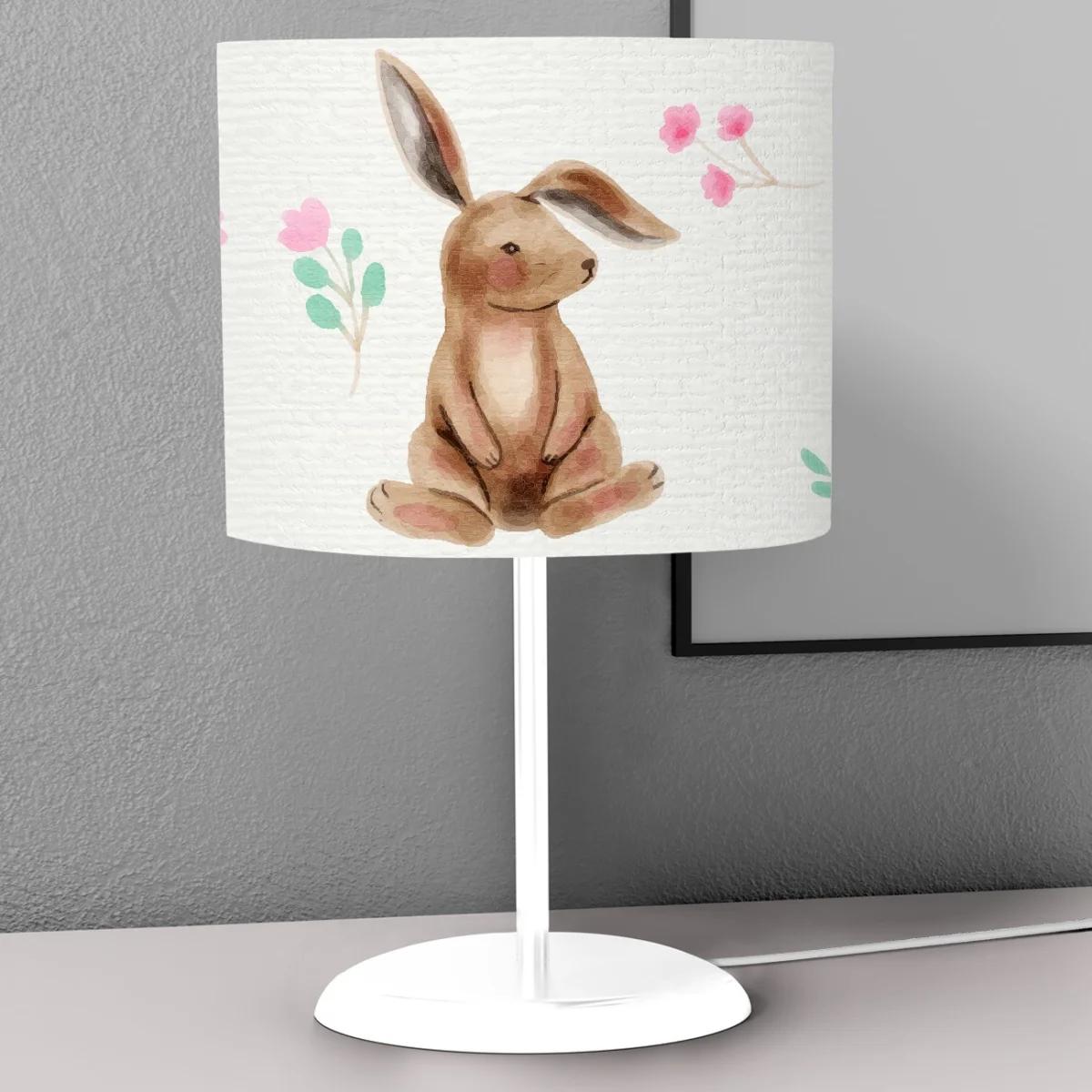 Tavşanlar Abajur | Beyaz pembe çiçekler, yeşil yapraklar Desenli