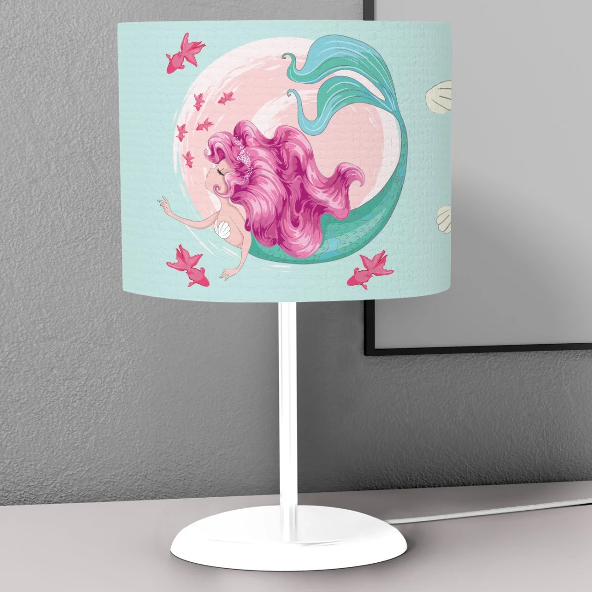 Deniz Kızı Abajur | Mavi pembe balıklar, deniz kabukları Desenli