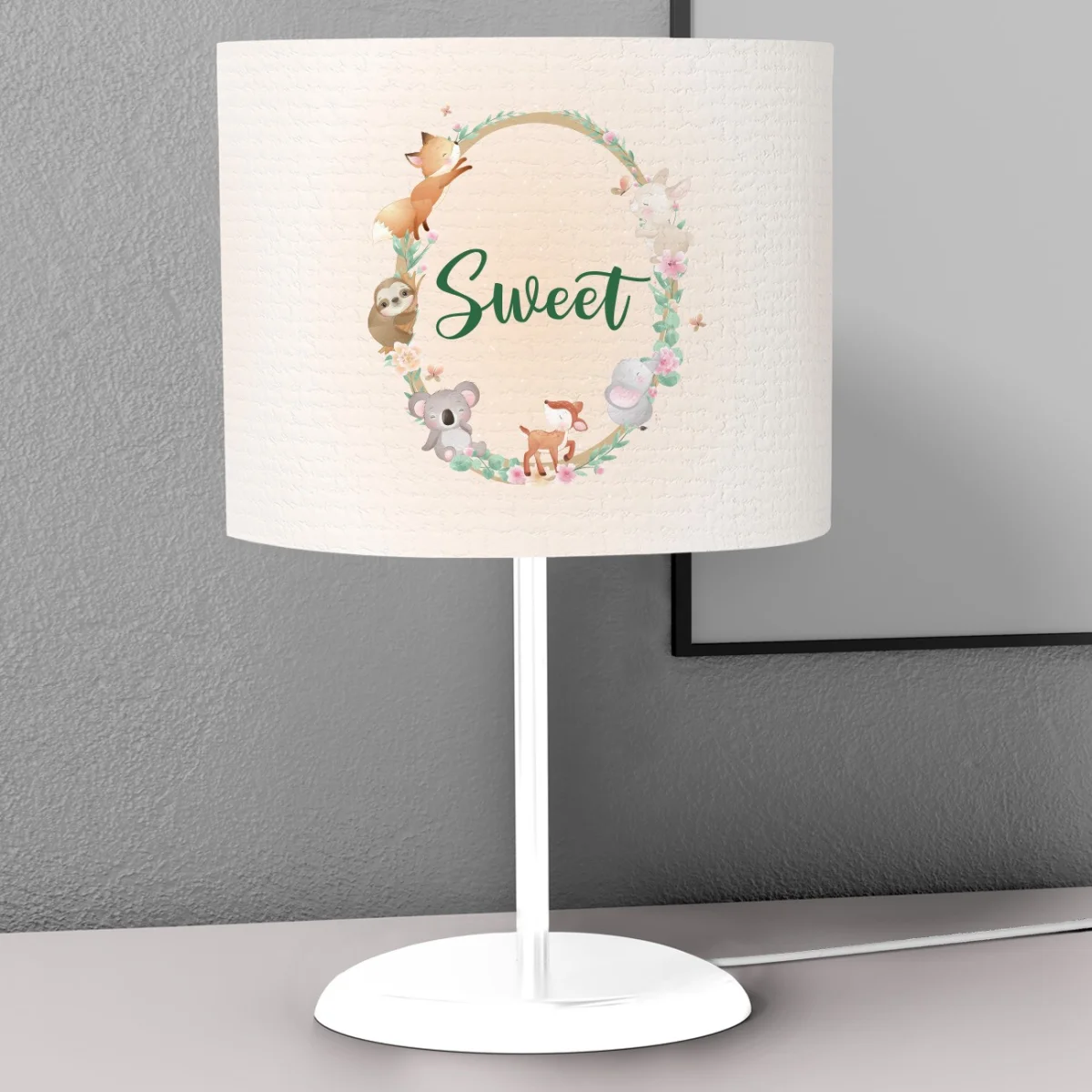 Orman Hayvanları Abajur | Beyaz yapraklar, çiçekler Desenli