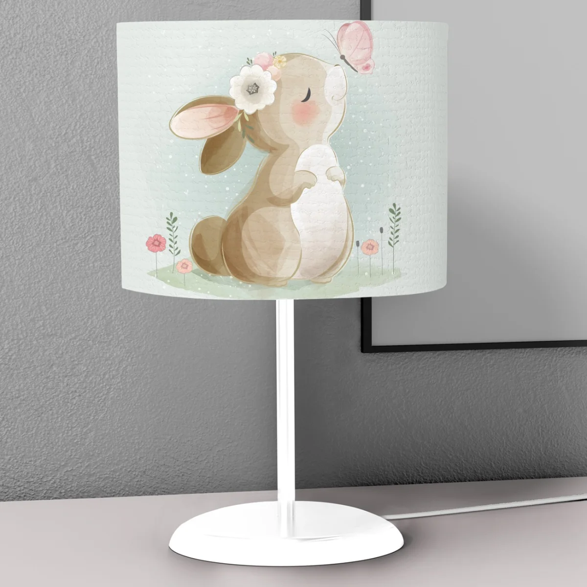 Tavşan Abajur | Açık Mavi kelebekler, çiçekler Desenli