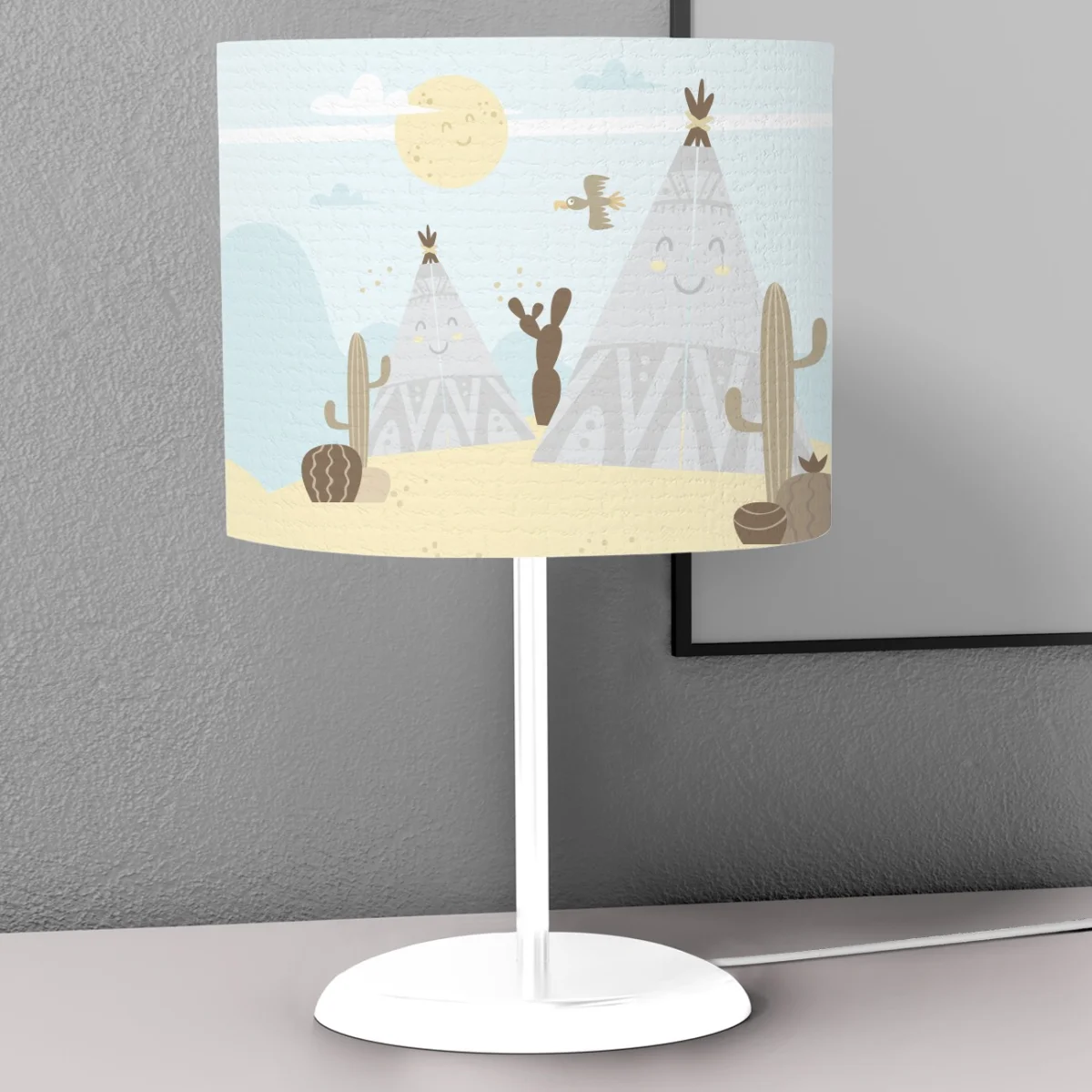 Kızılderili Çadır ve Kaktüsler Abajur | Mavi Gülümseyen güneş, bulutlar Desenli