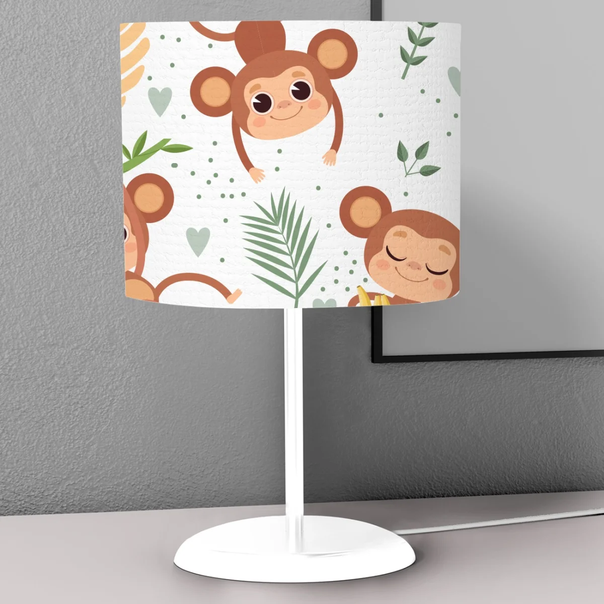 Maymunlar Abajur | Beyaz tropikal yapraklar, muzlar Desenli