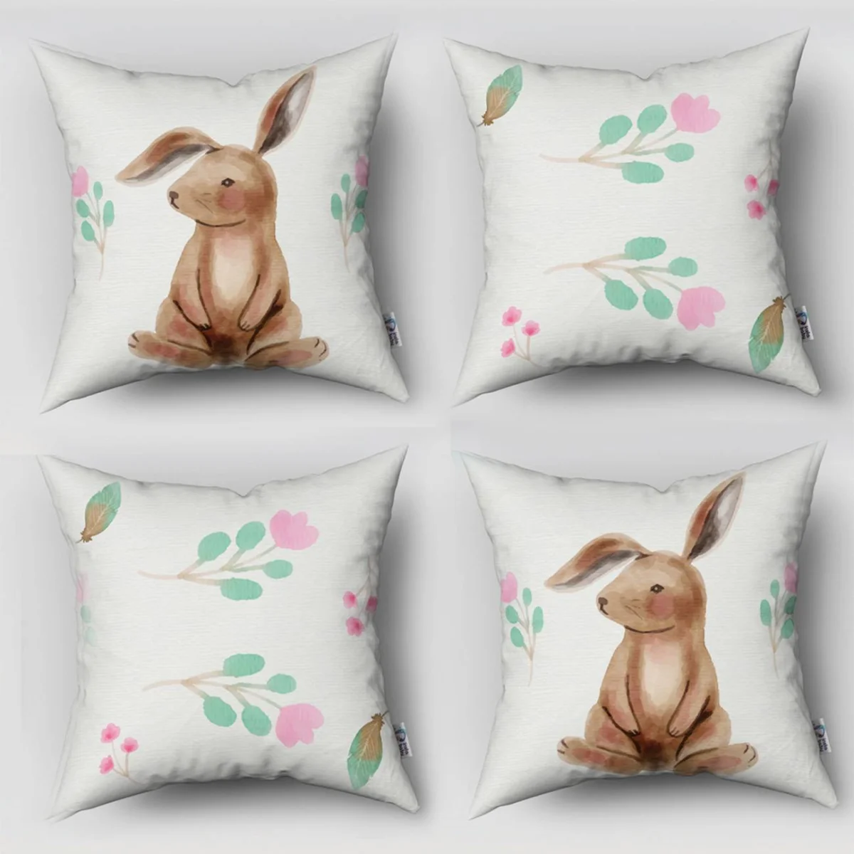 Tavşanlar 4lü Kırlent | Beyaz pembe çiçekler, yeşil yapraklar Desenli