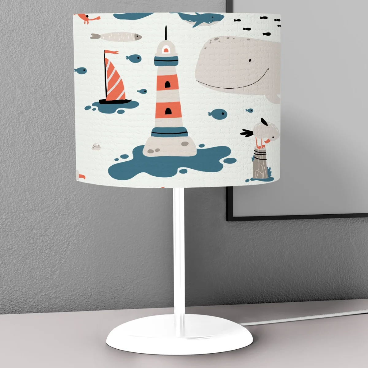 Deniz Teması Abajur | Beyaz Balina, deniz feneri Desenli