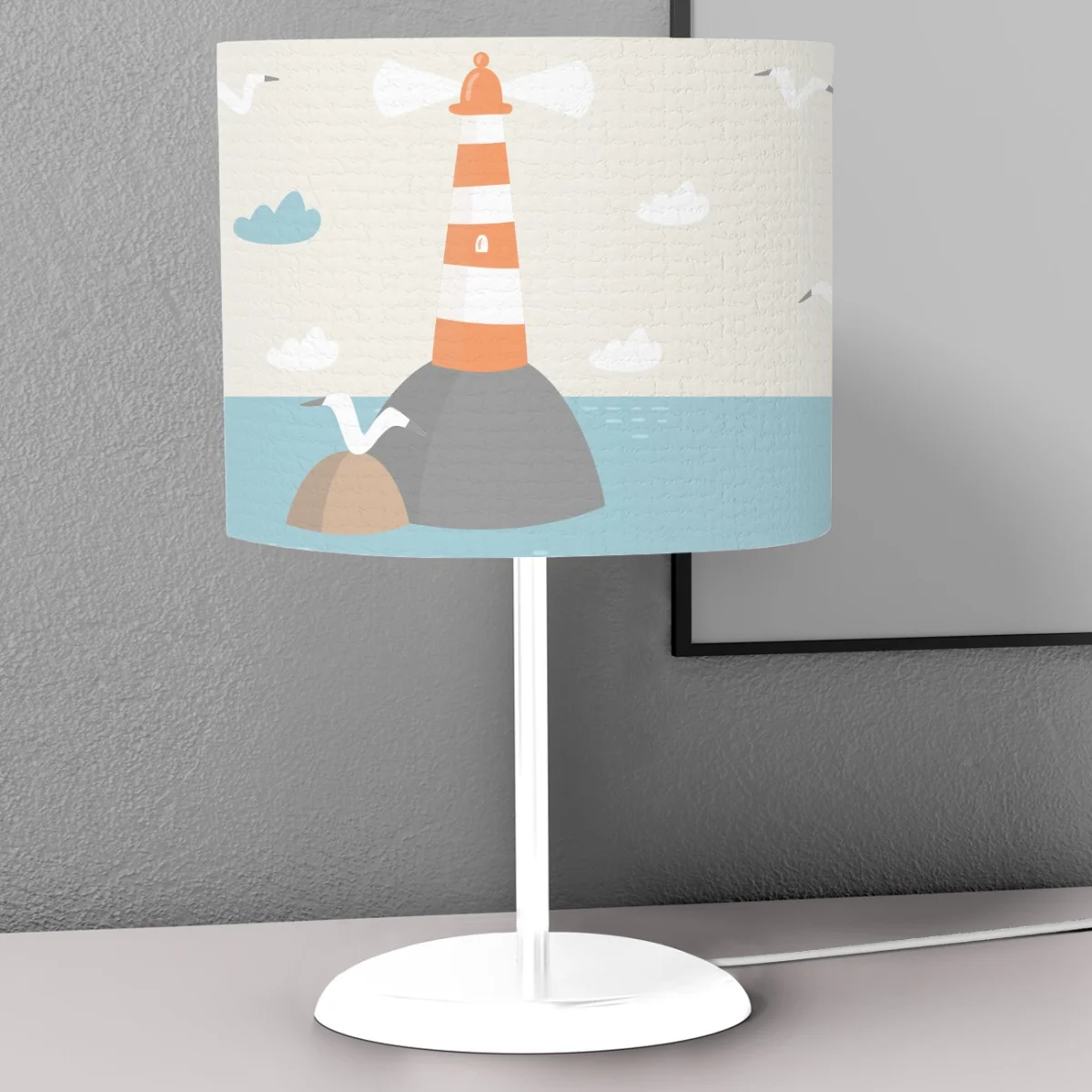 Denizcilik / Deniz kenarı Abajur | Krem deniz feneri, gemi Desenli