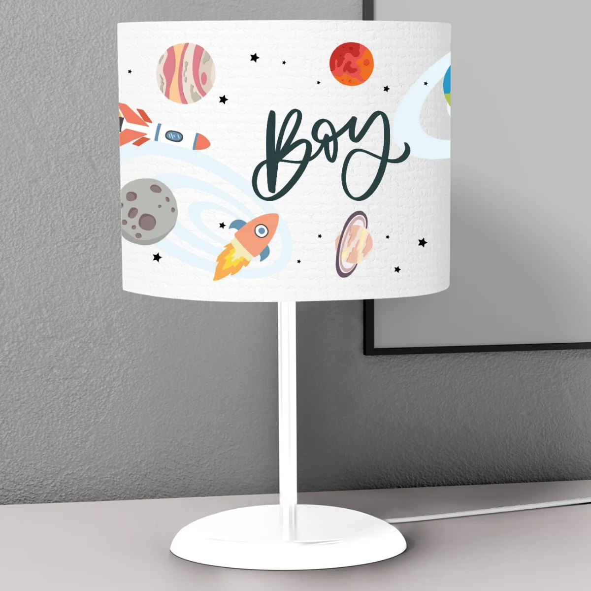 Uzay Abajur | Beyaz roketler, gezegenler Desenli