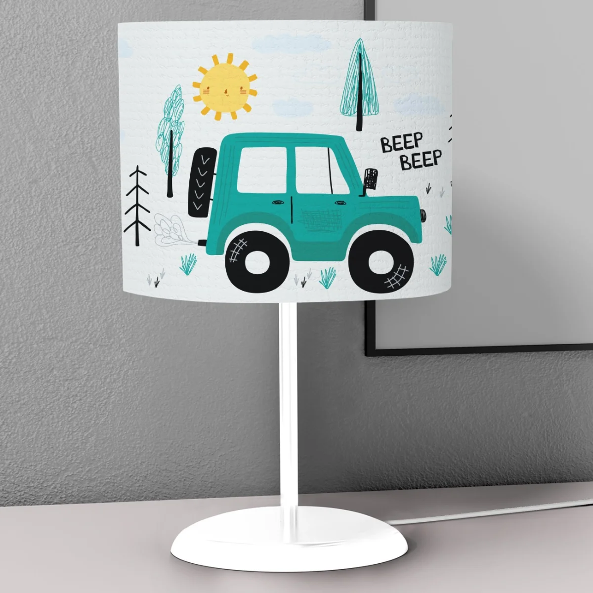 Araç Abajur | Beyaz güneş, ağaçlar Desenli