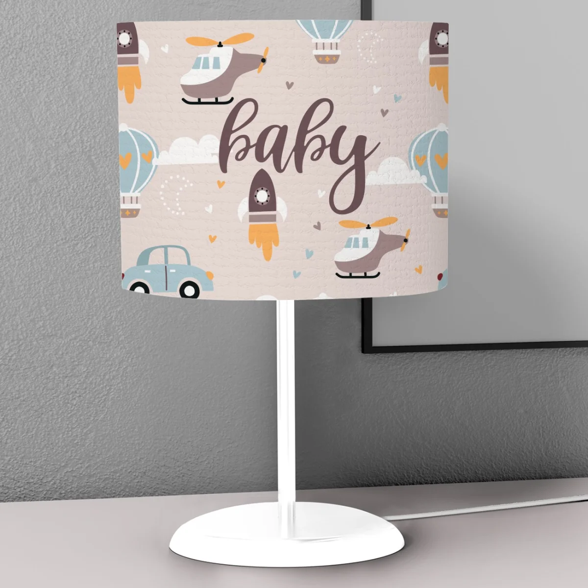 Ulaşım Araçları Abajur | Bej roket, helikopter Desenli