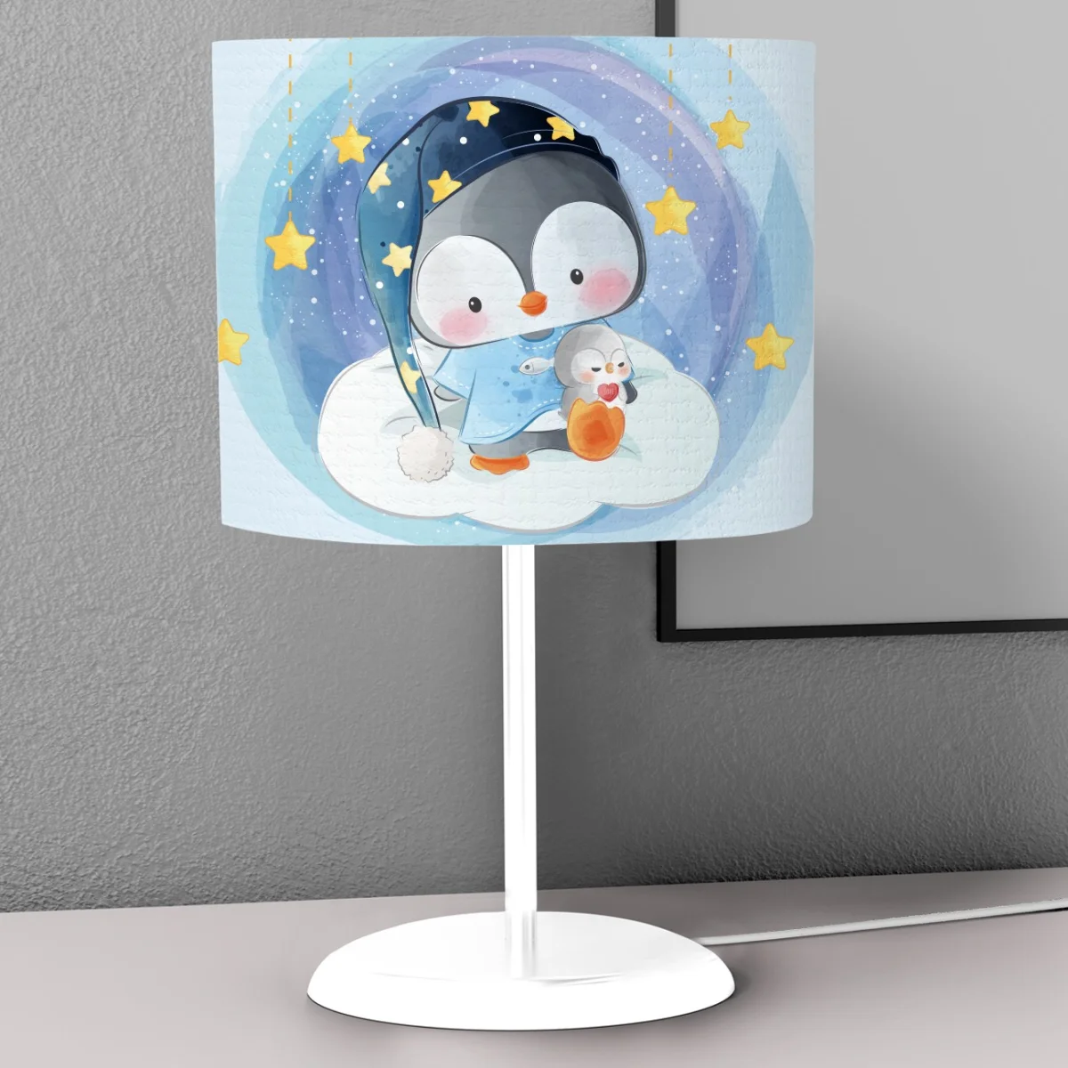 Penguen Abajur | Mavi yıldızlar, bulutlar Desenli