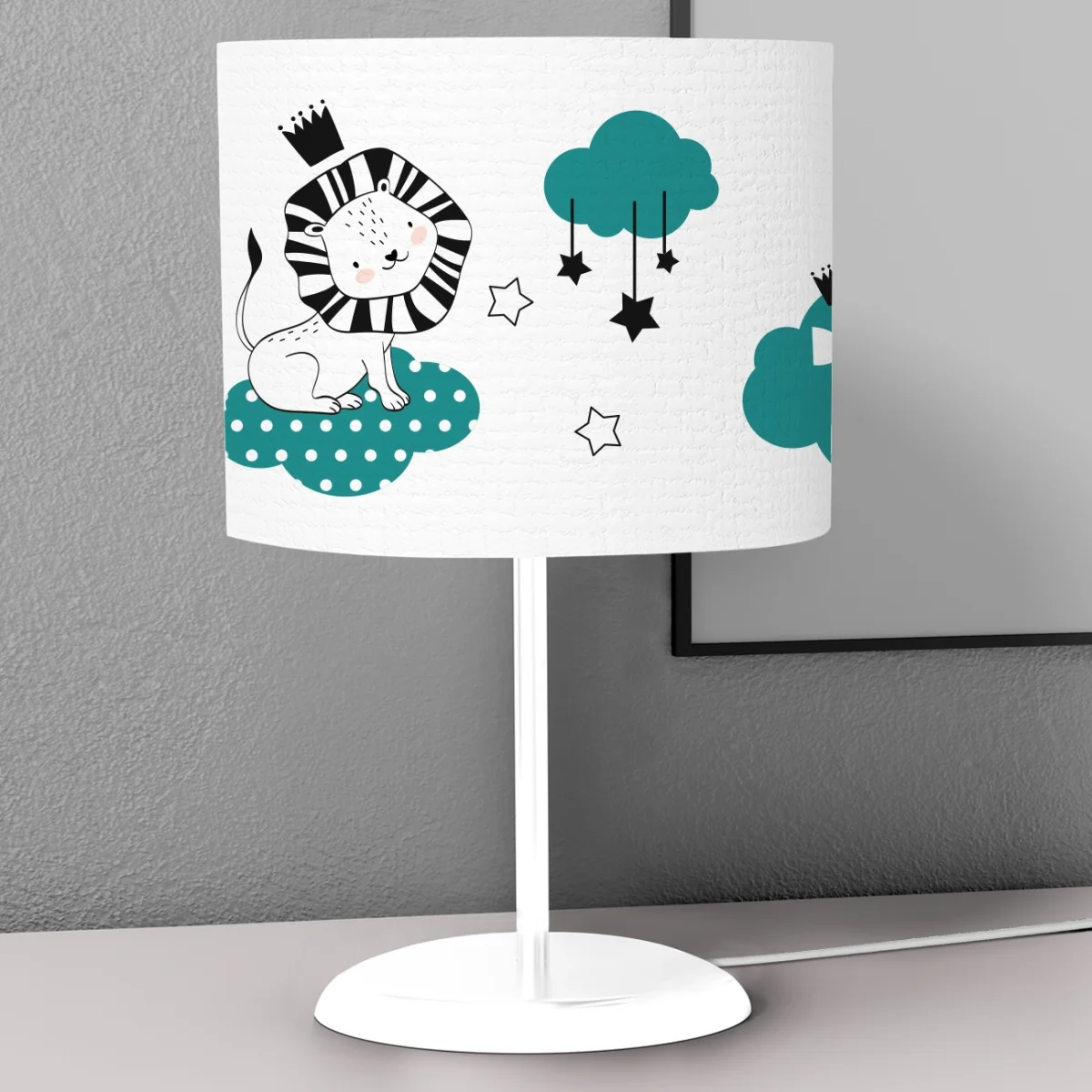 Aslan Abajur | Beyaz bulutlar, yıldızlar Desenli