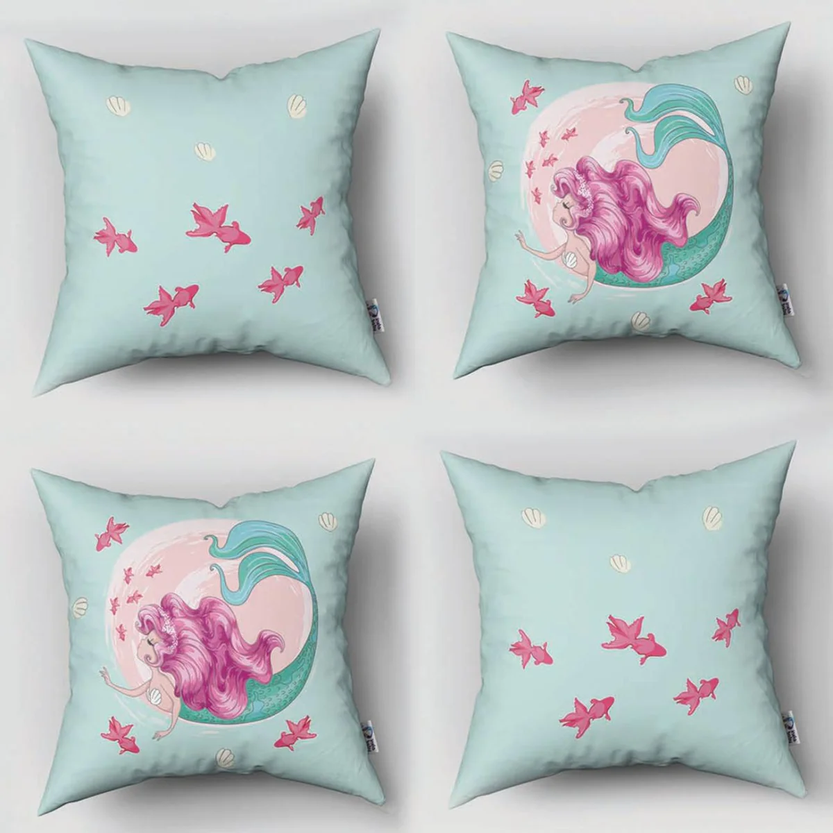 Deniz Kızı 4lü Kırlent | Mavi pembe balıklar, deniz kabukları Desenli