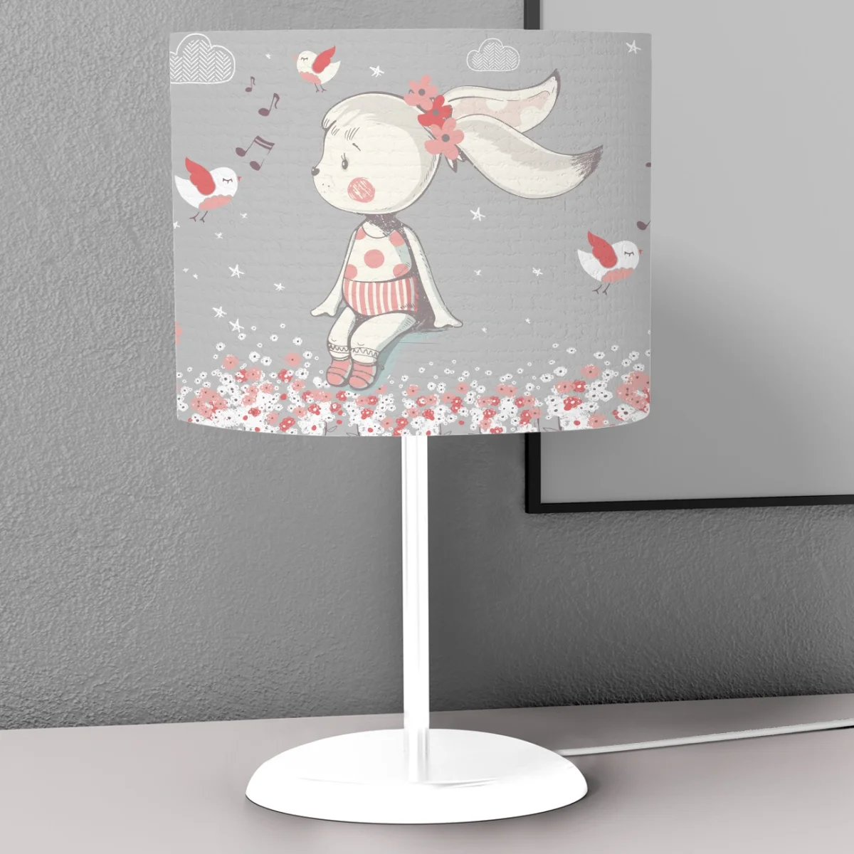 Tavşan ve Kuşlar Abajur | Gri Bulut, yıldız Desenli