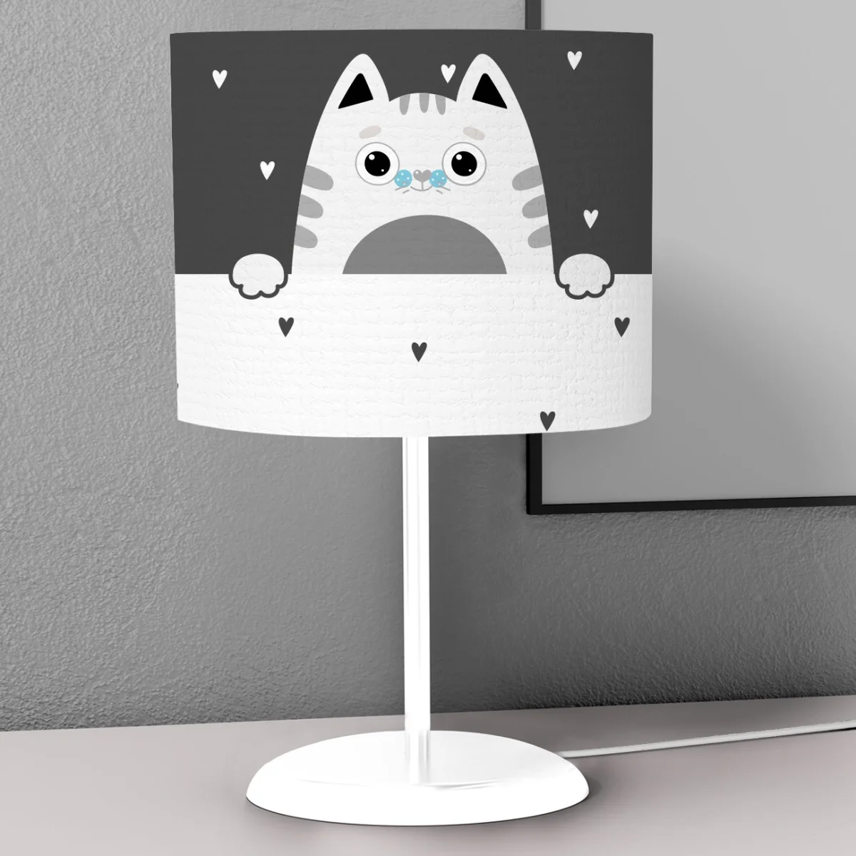 Kedi Abajur | Beyaz kalp desenleri, kuşlar Desenli