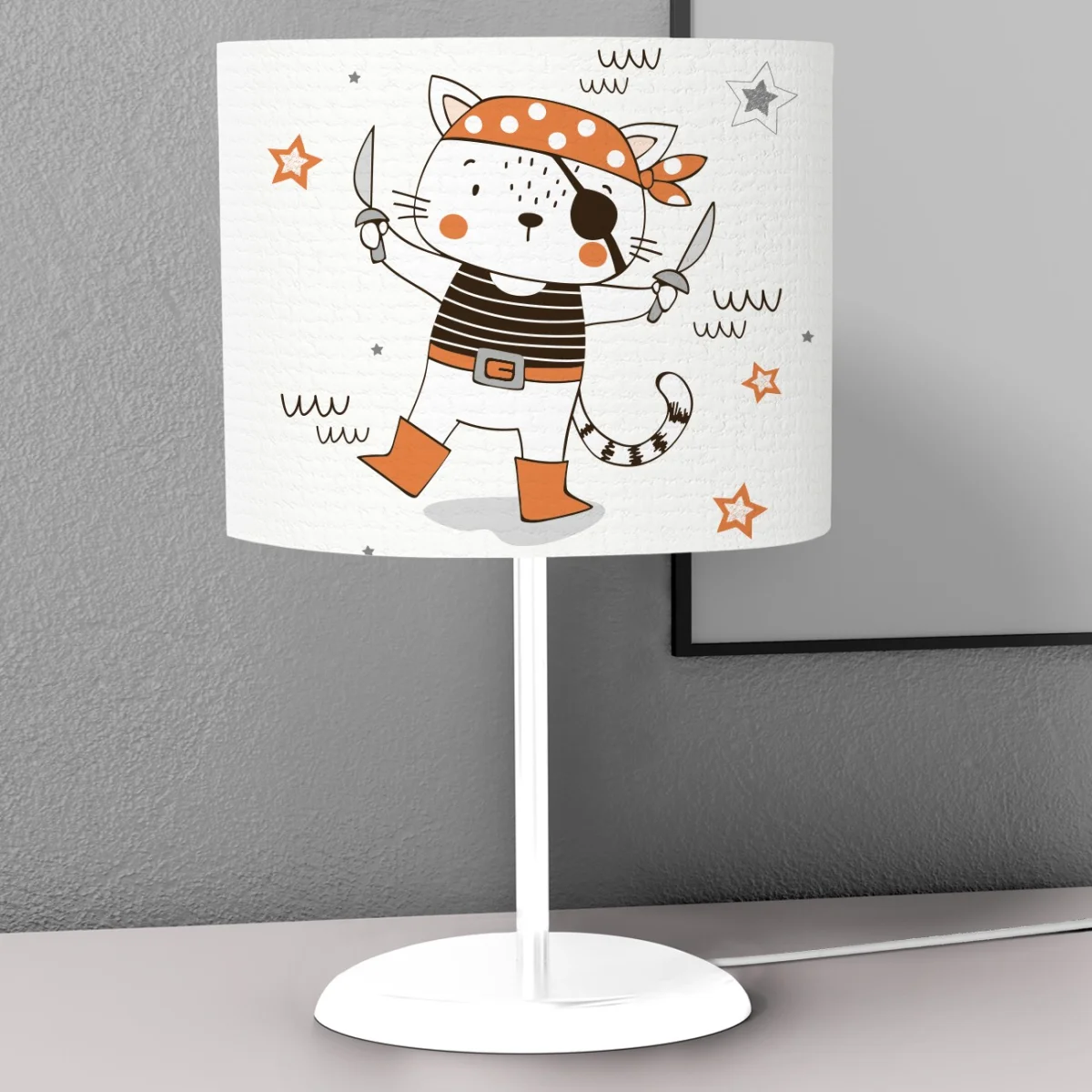 Korsan Kedi Abajur | Beyaz yıldızlar, bulutlar Desenli