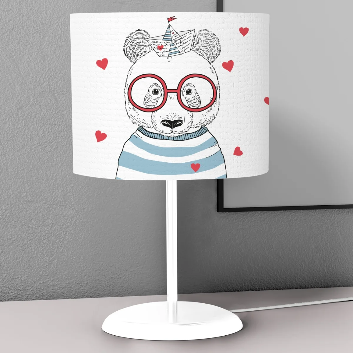 Panda Abajur | Beyaz kırmızı kalpler, çizgili tişört Desenli