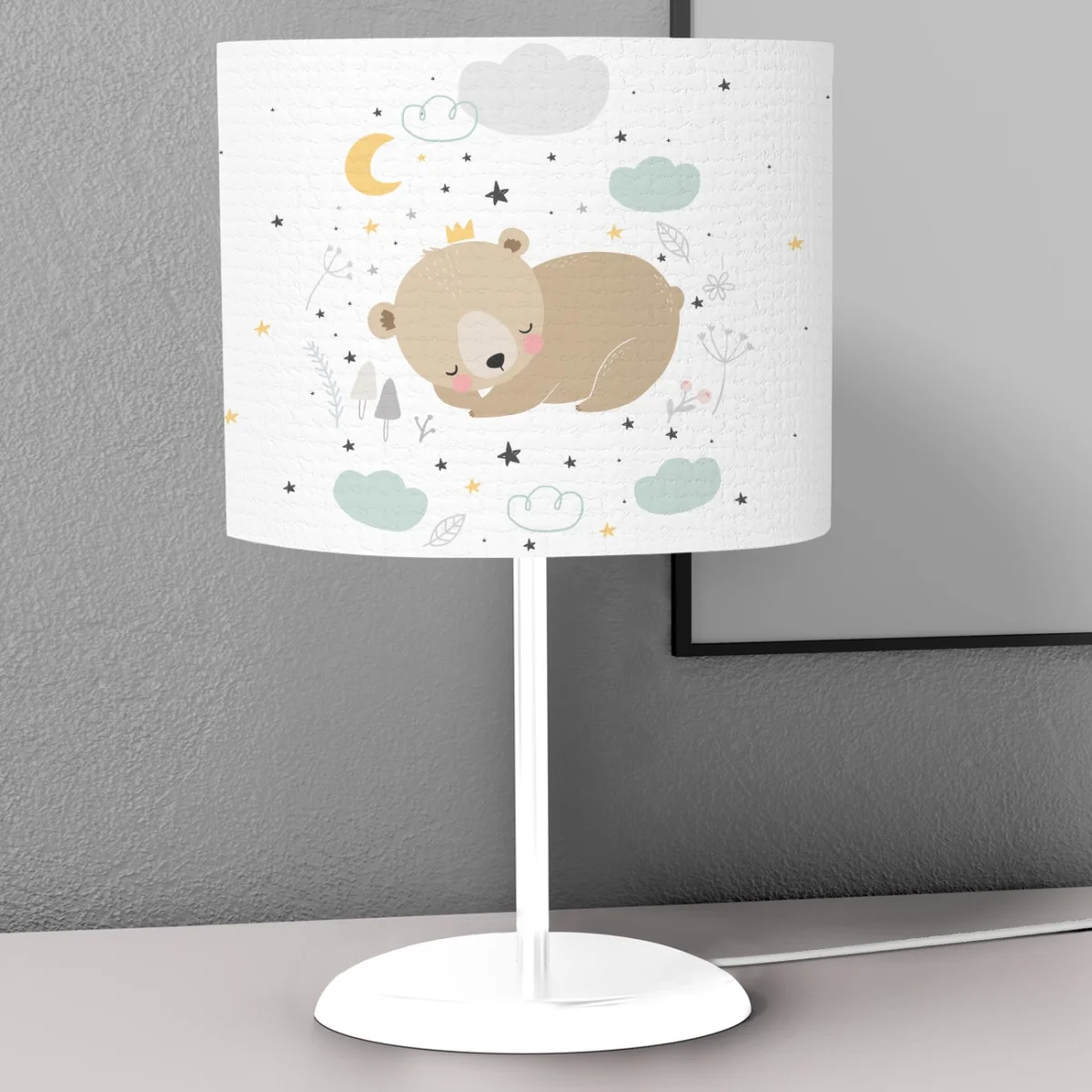 Uyuyan Ayı Abajur | Beyaz Ay, yıldızlar Desenli