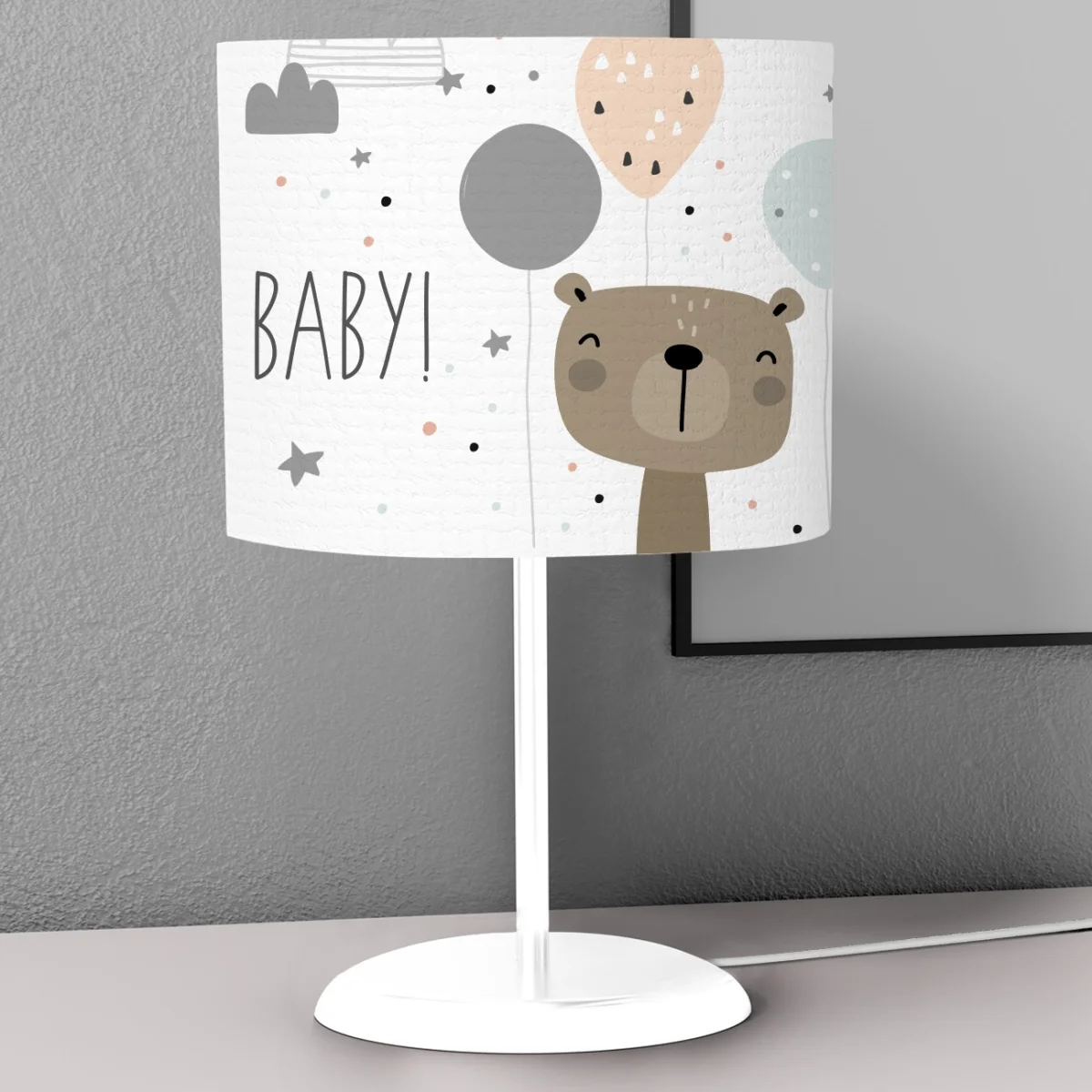 Ayı Abajur | Beyaz balonlar, bulutlar Desenli