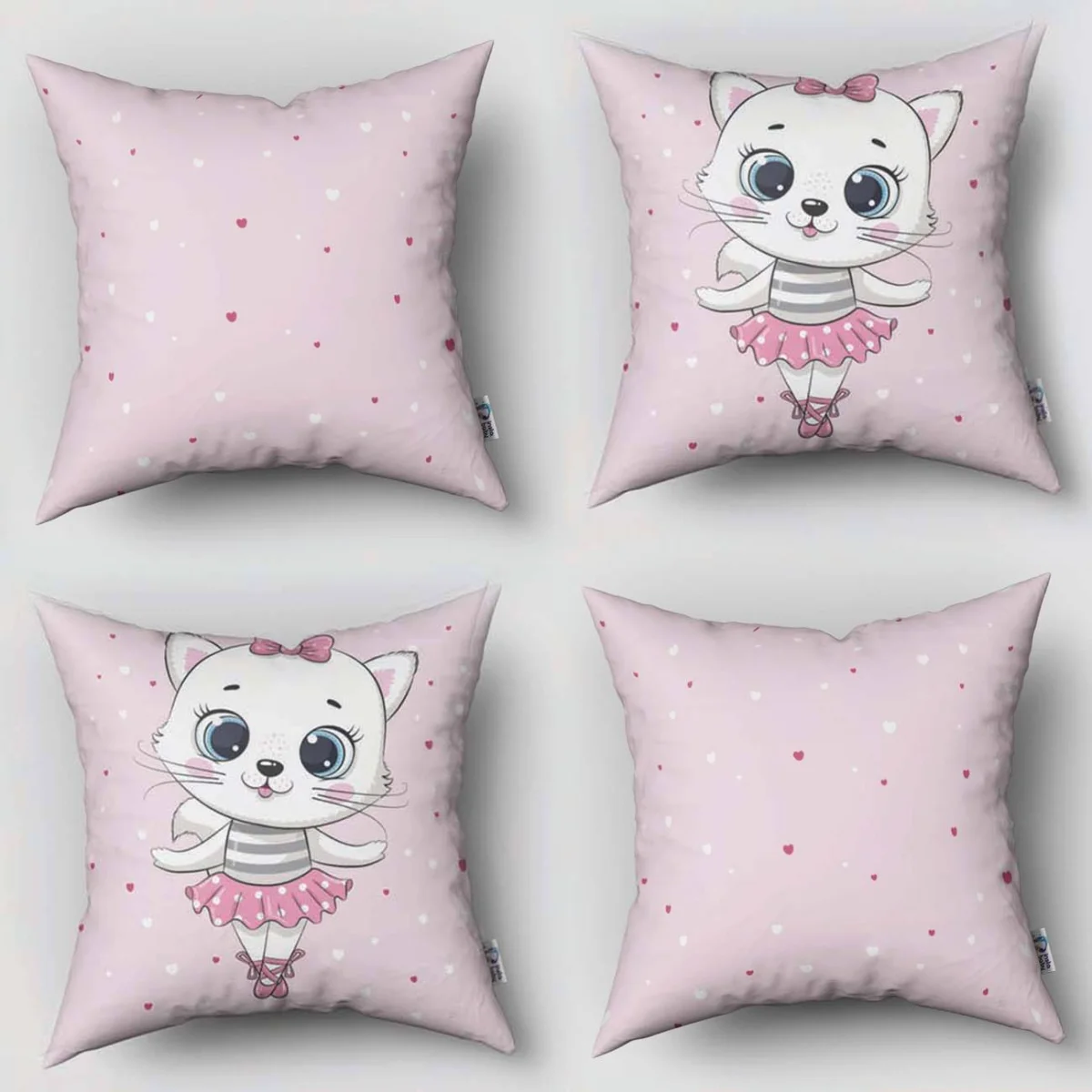 Balerin Kedi 4lü Kırlent | Pembe Kalp Desenli
