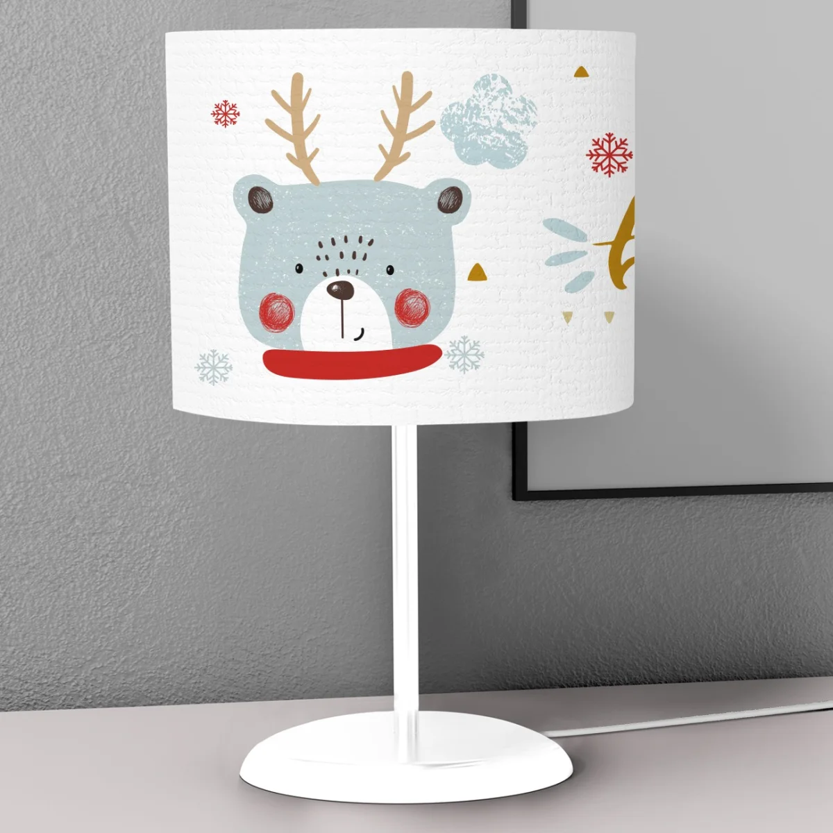 Ayı/Geyik Abajur | Beyaz Kar taneleri, bulutlar Desenli