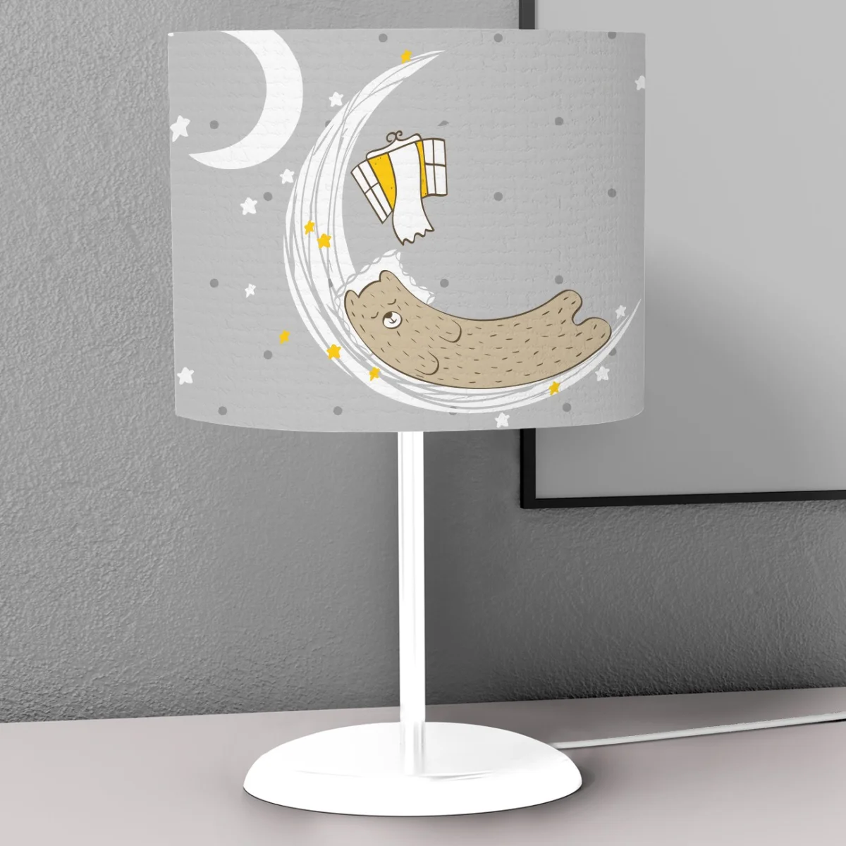 Uyuyan Ayı ve Ay Abajur | Gri yıldızlar, ay Desenli