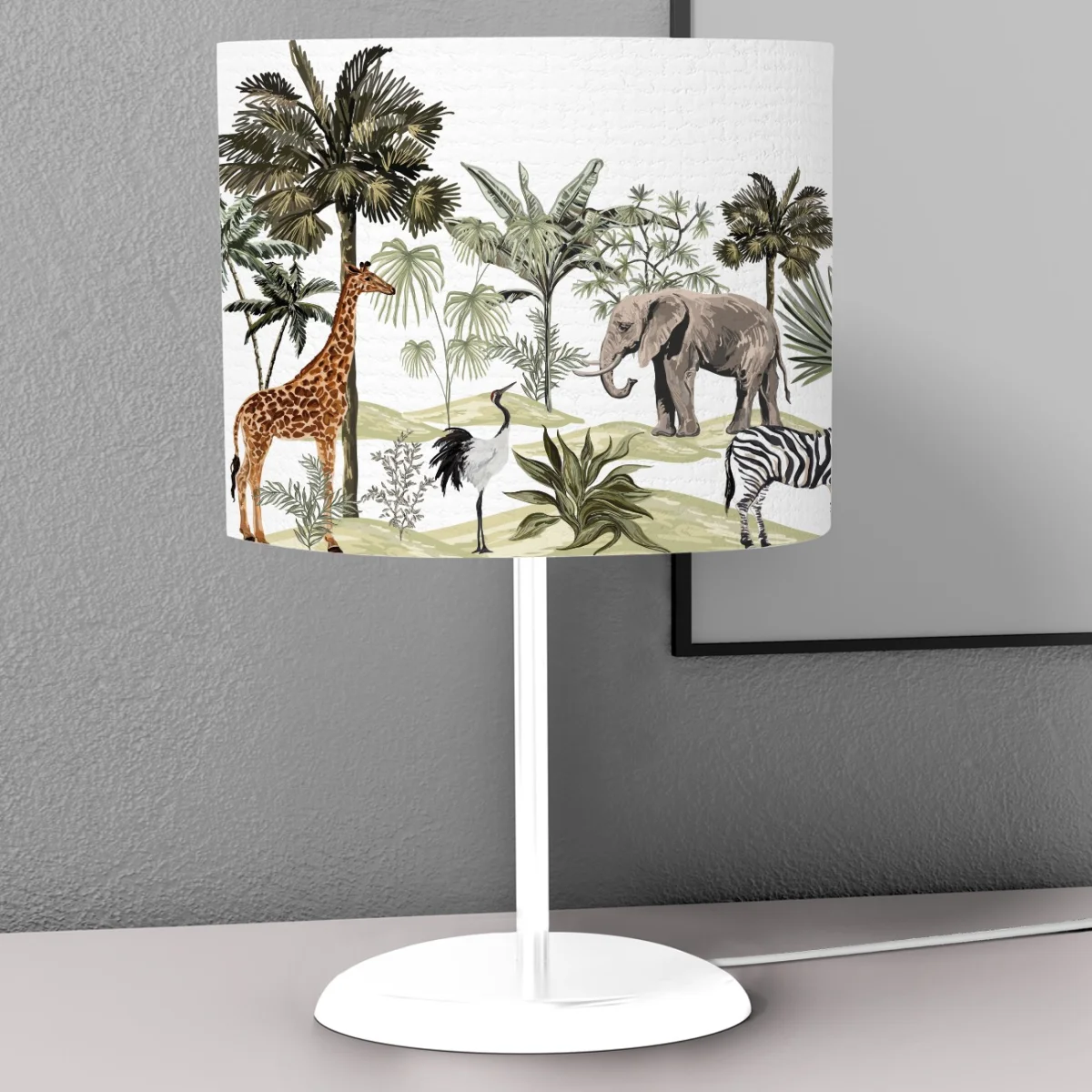 Safari Hayvanları Abajur | Beyaz palmiye ağaçları, yeşil bitkiler Desenli