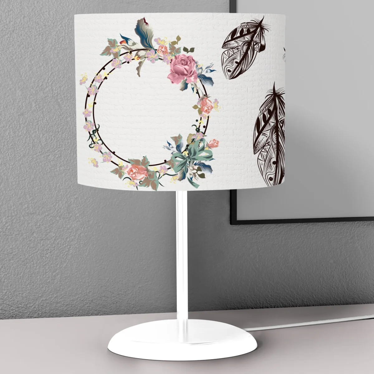 Çiçekli Düş Kapanı Abajur | Beyaz Çiçekler, yapraklar Desenli