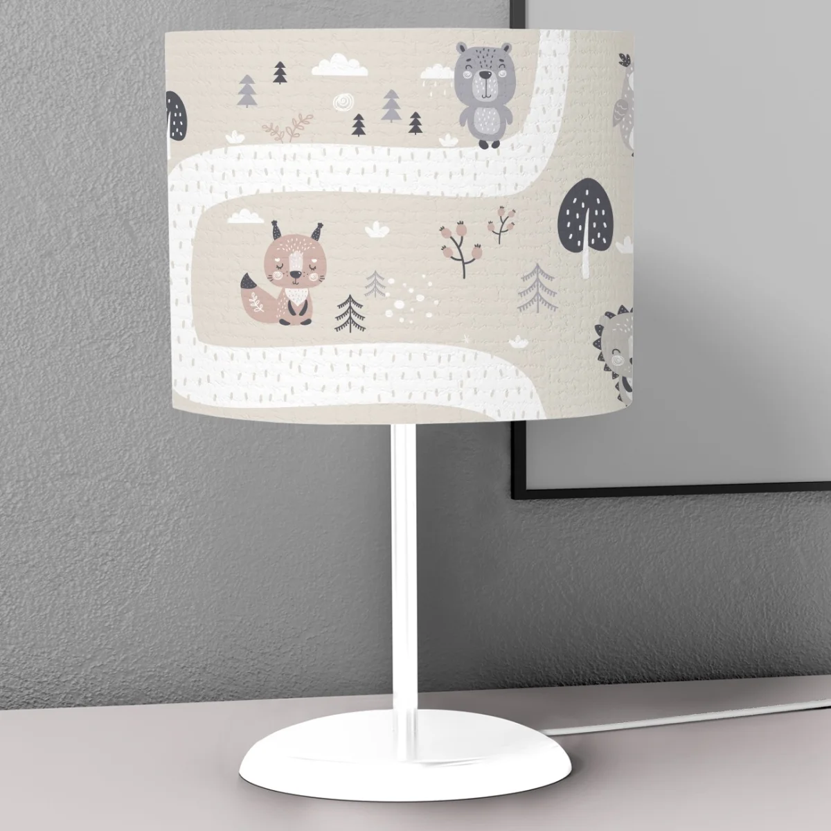 Orman Hayvanları Abajur | Bej Yol, ağaçlar Desenli