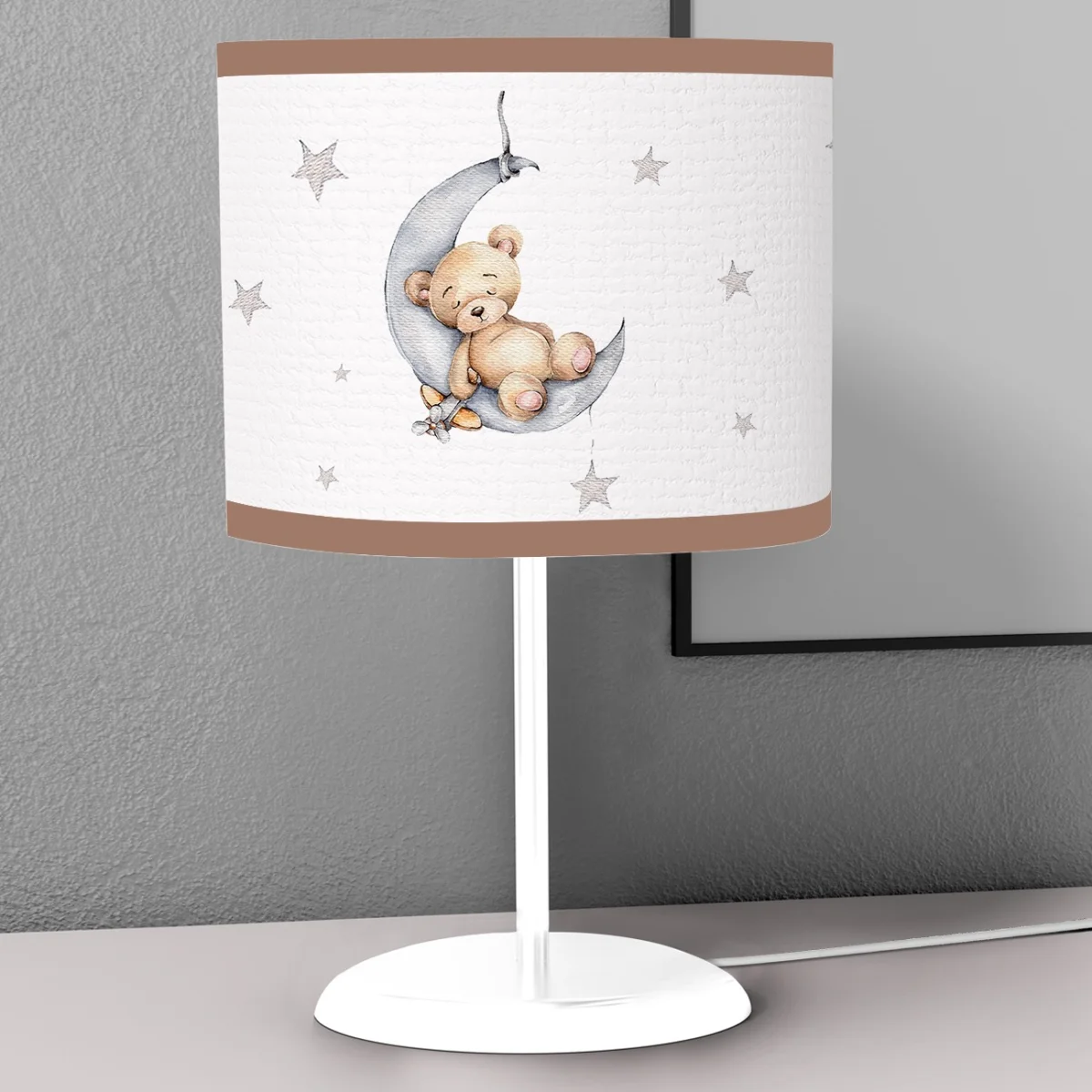 Uyuyan ayıcık ve ay Abajur | Beyaz Yıldızlar, küçük uçak Desenli