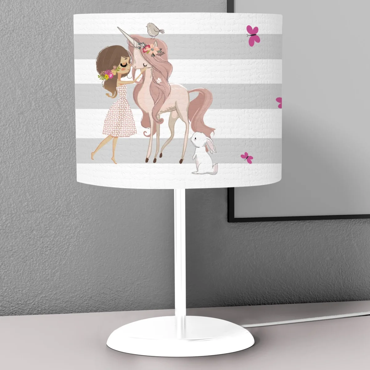 Unicorn Abajur | Beyaz kız, kuş Desenli