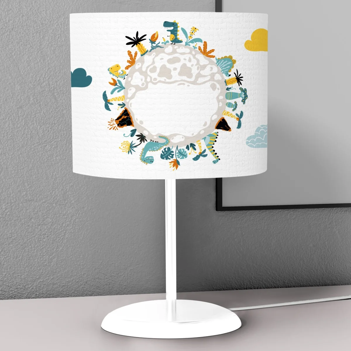 Dinozor Dünyası Abajur | Beyaz Bulutlar, volkanlar Desenli