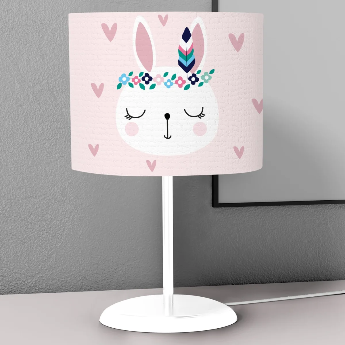 Tavşan Abajur | Pembe Kalpler, çiçekler Desenli