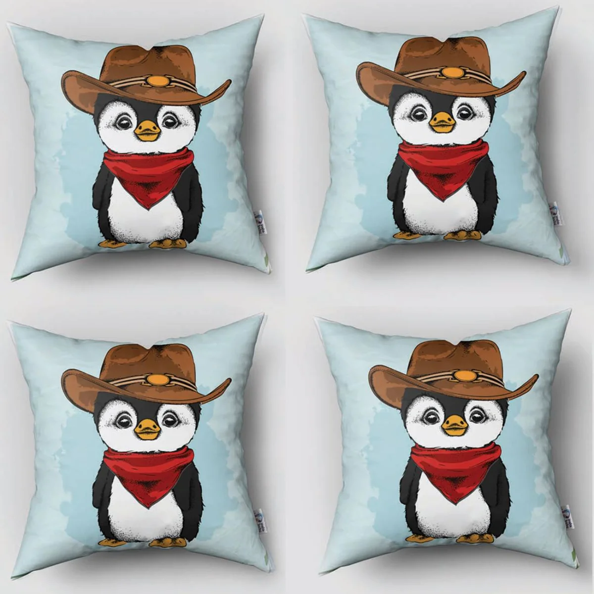Kovboy Penguen 4lü Kırlent | Mavi Soyut su sıçramaları Desenli