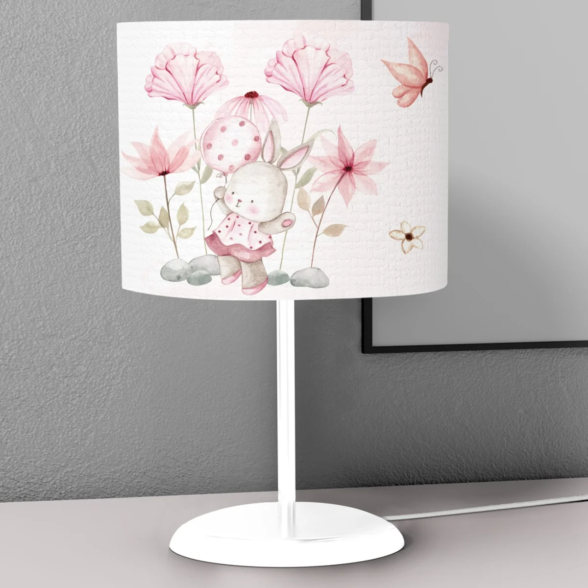 Tavşan ve Çiçekler Abajur | Beyaz Kelebek, balon Desenli