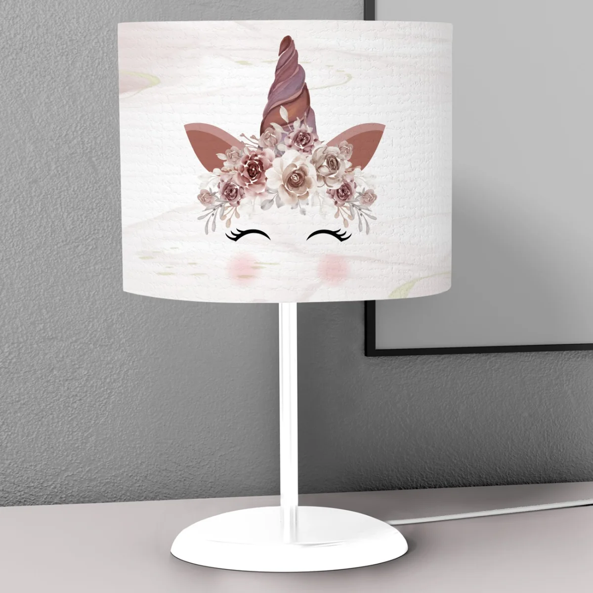 Unicorn Abajur | Beyaz çiçekli taç, kapalı gözler Desenli