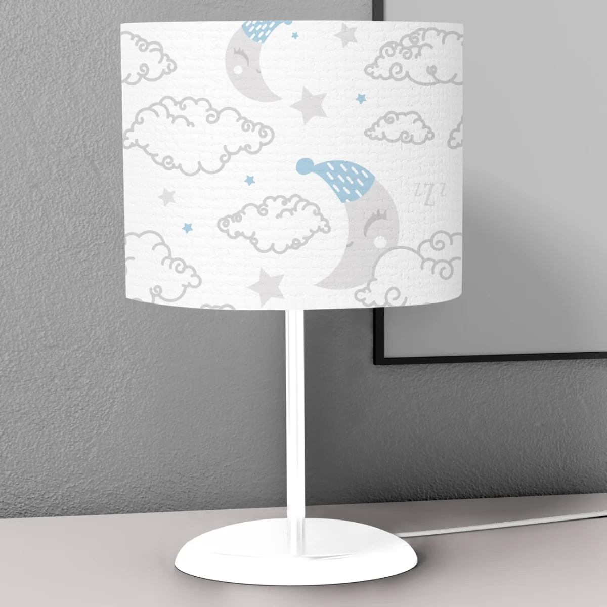 Uyku Temalı Ay ve Bulutlar Abajur | Beyaz uyuyan ay, bulutlar Desenli