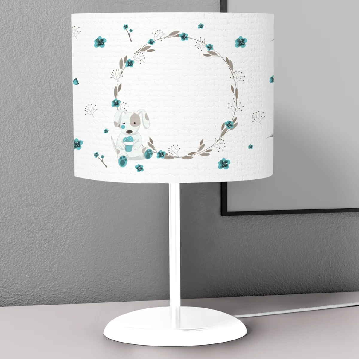 Köpek Abajur | Beyaz Çiçekli çelenk, cupcake Desenli