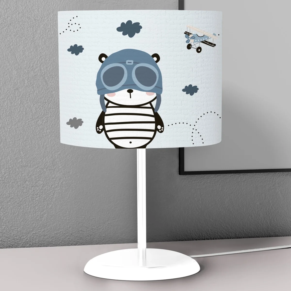 Pilot Ayı ve Uçaklar Abajur | Açık Mavi Uçaklar, bulutlar Desenli