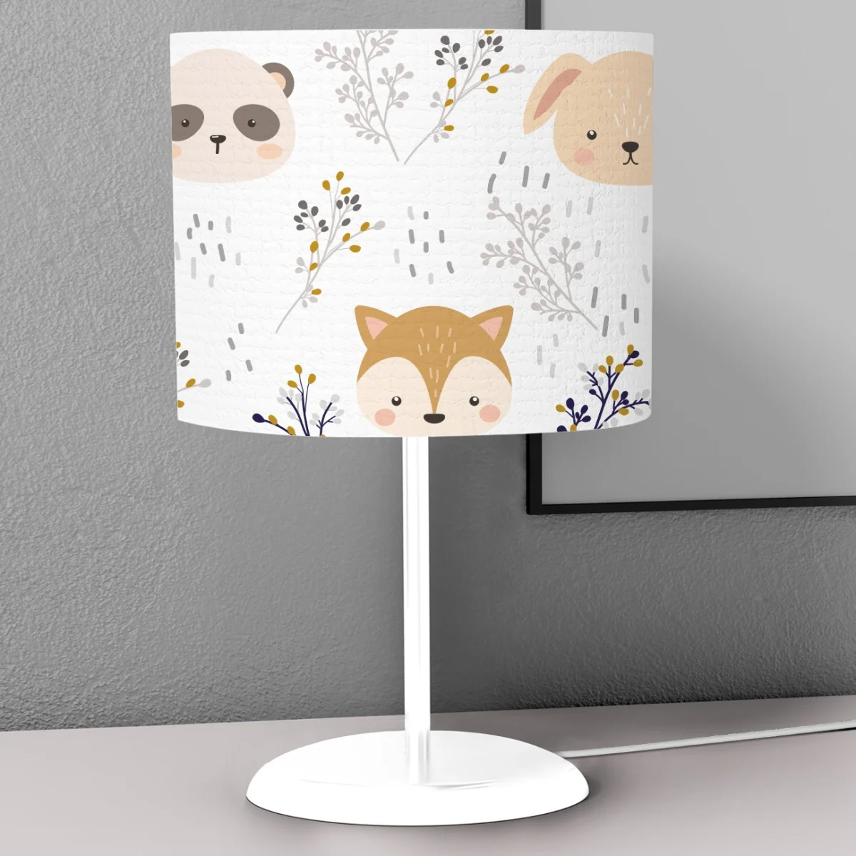 Orman Hayvanları Abajur | Beyaz dallar, yapraklar Desenli