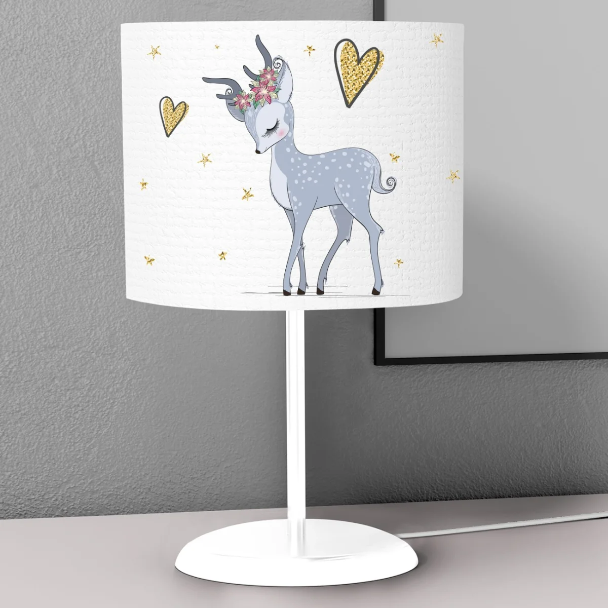 Geyik Abajur | Beyaz çiçek, yıldız Desenli