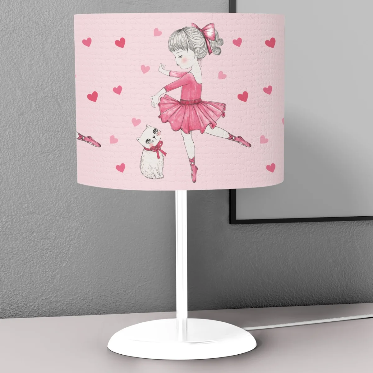 Balerin ve Kedi Abajur | Pembe kalpler Desenli