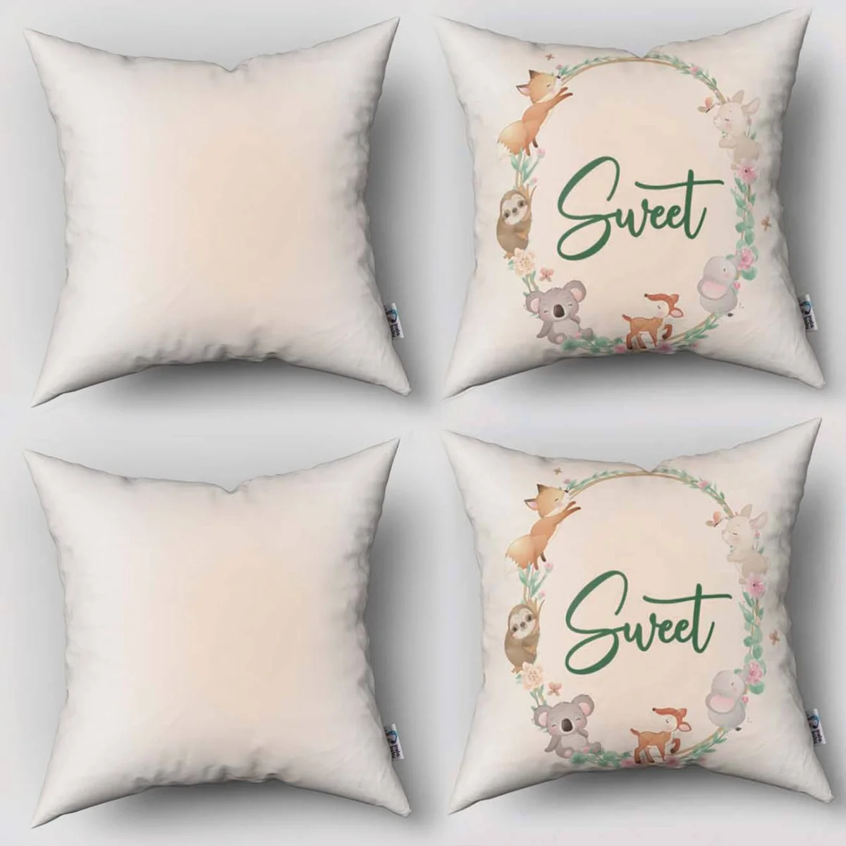 Orman Hayvanları 4lü Kırlent | Beyaz yapraklar, çiçekler Desenli