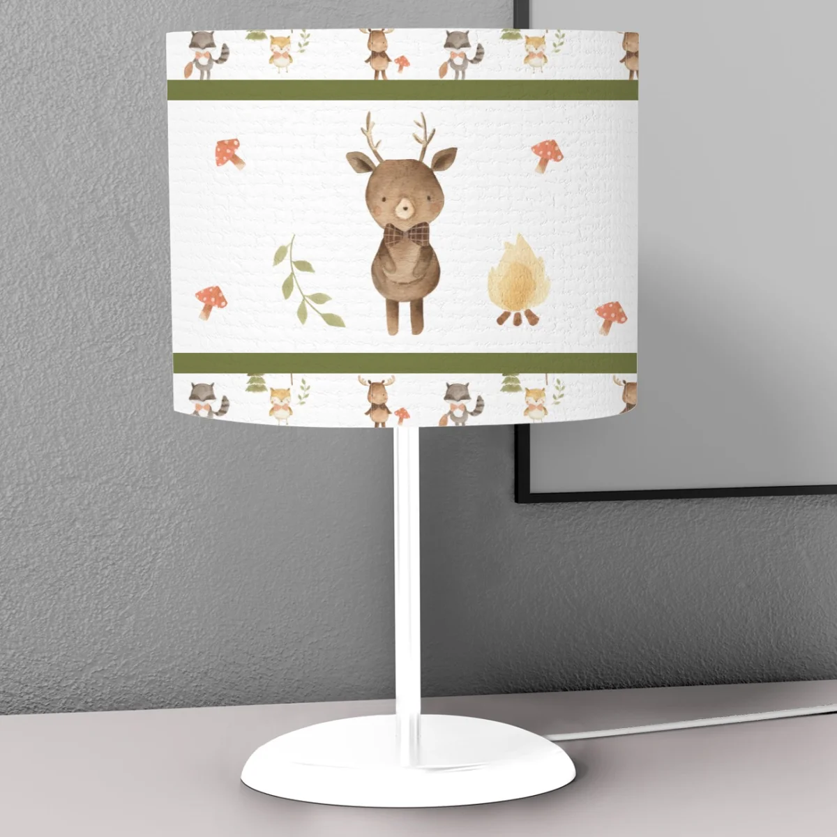 Orman Hayvanları Abajur | Beyaz mantar, ağaç Desenli